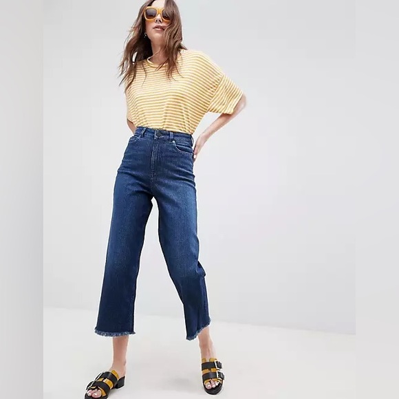 ASOS Design high waist raw hem cropped wide leg stretch jeans 🦋 blue striped - Picture 5 of 16